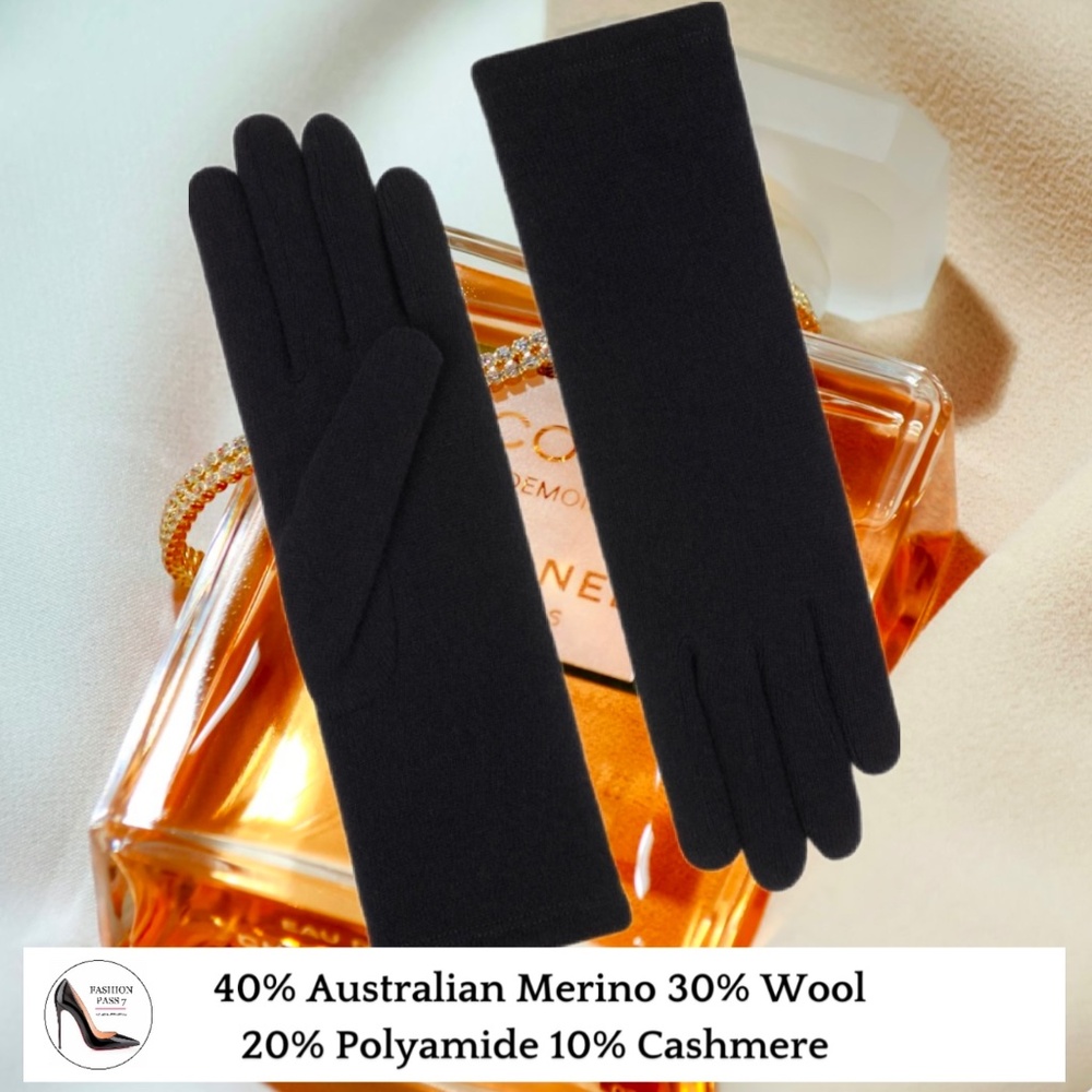 Luxury Cashmere Merino Wool Gloves Classic Black Winter Mittens Fleece inside